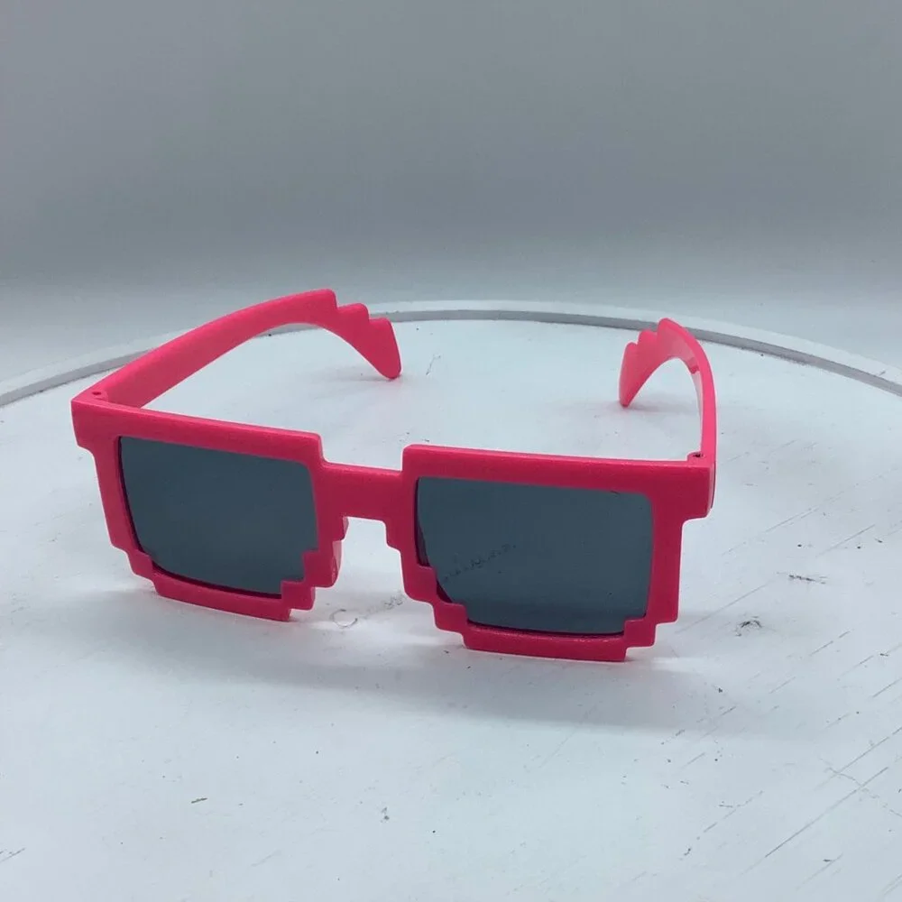 Pixelated Blocky Sunglasses 8-Bit Style Pink Frame Black Lenses Retro Gamer OS